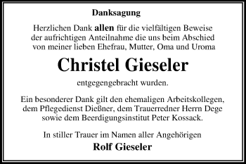 Traueranzeige von Christel Gieseler von Mitteldeutsche Zeitung Dessau-Roßlau