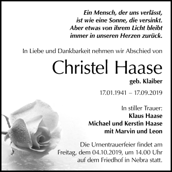 Traueranzeige von Christel Haase von Wochenspiegel Naumburg/Nebra