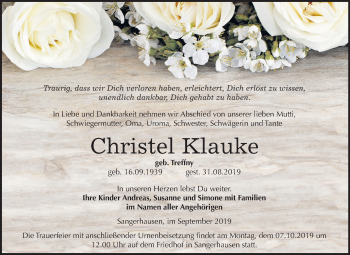 Traueranzeige von Christel Klauke von Super Sonntag Sangerhausen