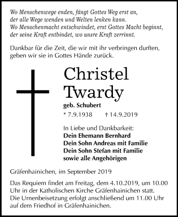 Traueranzeige von Christel Twardy von Mitteldeutsche Zeitung Wittenberg