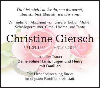 Traueranzeige von Christine Giersch von Mitteldeutsche Zeitung Wittenberg