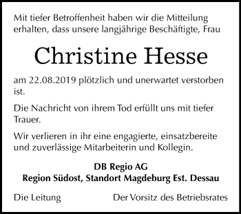Traueranzeige von Christine Hesse von Mitteldeutsche Zeitung Dessau-Roßlau