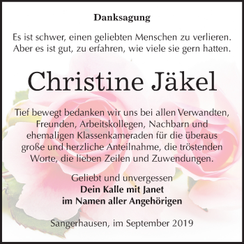 Traueranzeige von Christine Jäkel von Mitteldeutsche Zeitung Sangerhausen