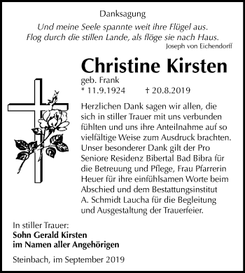 Traueranzeige von Christine Kirsten von Wochenspiegel Naumburg/Nebra