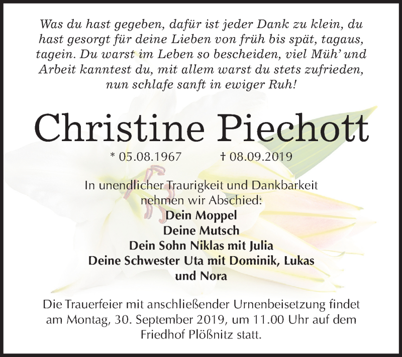  Traueranzeige für Christine Piechott vom 18.09.2019 aus Mitteldeutsche Zeitung Halle/Saalkreis