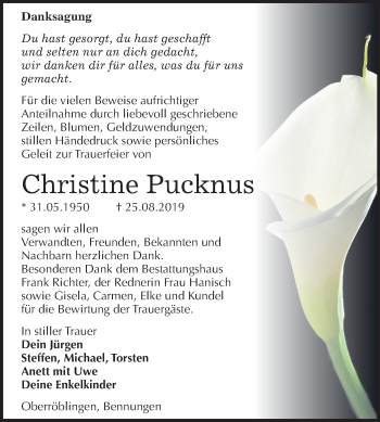 Traueranzeige von Christine Pucknus von Wochenspiegel Sangerhausen