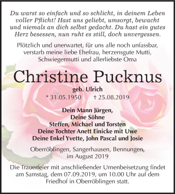 Traueranzeige von Christine Pucknus von Wochenspiegel Sangerhausen