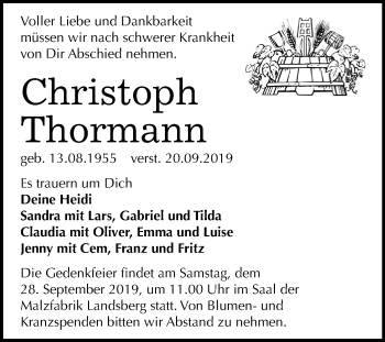 Traueranzeige von Christoph Thormann von Mitteldeutsche Zeitung Halle/Saalkreis