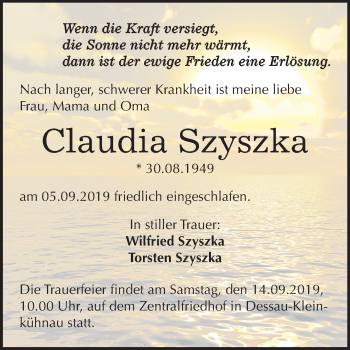Traueranzeige von Claudia Szyszka von Mitteldeutsche Zeitung Dessau-Roßlau