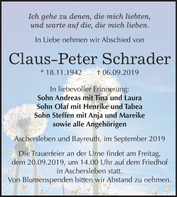 Traueranzeige von Claus-Peter Schrader von Mitteldeutsche Zeitung Aschersleben