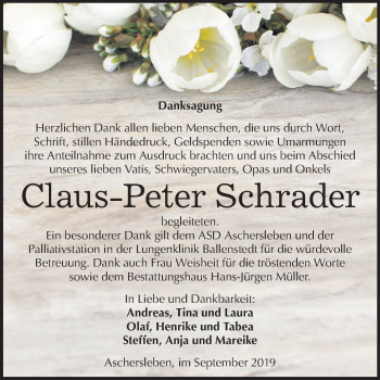 Traueranzeige von Claus Peter Schrader von Mitteldeutsche Zeitung Aschersleben