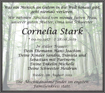 Traueranzeige von Cornelia Stark von Wochenspiegel Quedlinburg