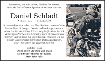 Traueranzeige von Daniel Schladt von Wochenspiegel Weißenfels