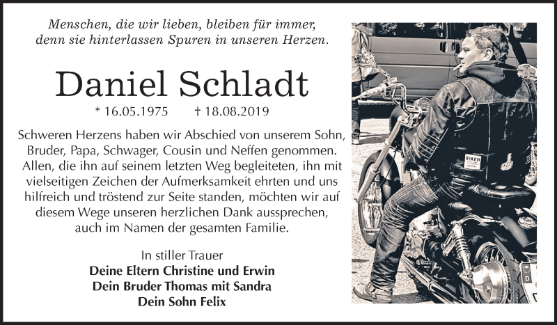  Traueranzeige für Daniel Schladt vom 18.09.2019 aus Wochenspiegel Weißenfels