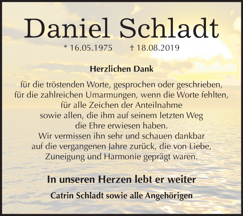  Traueranzeige für Daniel Schladt vom 14.09.2019 aus Mitteldeutsche Zeitung Halle/Saalkreis