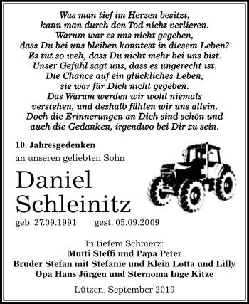 Traueranzeige von Daniel Schleinitz von Mitteldeutsche Zeitung Weißenfels