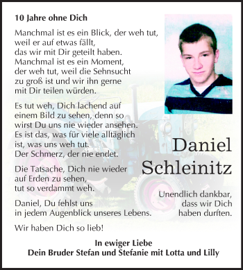 Traueranzeige von Daniel Schleinitz von Mitteldeutsche Zeitung Weißenfels