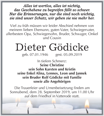Traueranzeige von Dieter Gödicke von Wochenspiegel Mansfelder Land