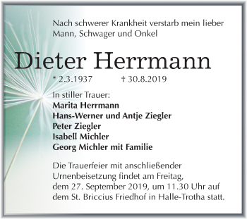 Traueranzeige von Dieter Herrmann von Mitteldeutsche Zeitung Halle/Saalkreis
