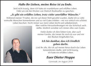 Traueranzeige von Dieter Hoppe von Super Sonntag Quedlinburg