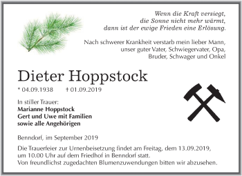Traueranzeige von Dieter Hoppstock von Super Sonntag Mansfelder Land