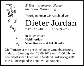 Traueranzeige von Dieter Jordan von Super Sonntag Sangerhausen