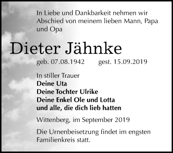 Traueranzeige von Dieter Jähnke von Super Sonntag Wittenberg