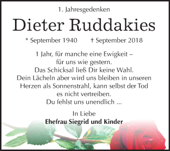 Traueranzeige von Dieter Ruddakies von Mitteldeutsche Zeitung Weißenfels