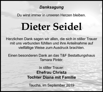 Traueranzeige von Dieter Seidel von Wochenspiegel Weißenfels