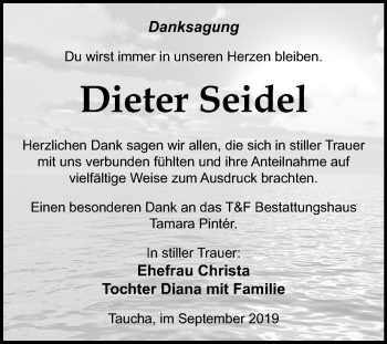 Traueranzeige von Dieter Seidel von Mitteldeutsche Zeitung Weißenfels