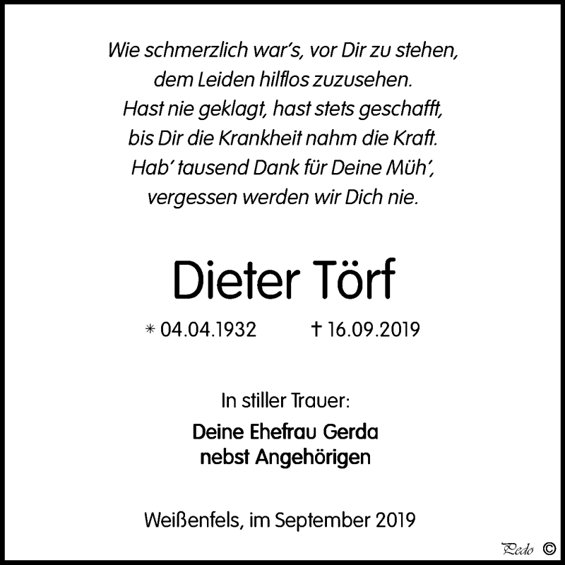  Traueranzeige für Dieter Törf vom 21.09.2019 aus Mitteldeutsche Zeitung Weißenfels