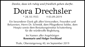 Traueranzeige von Dora Drechsler von Super Sonntag Quedlinburg