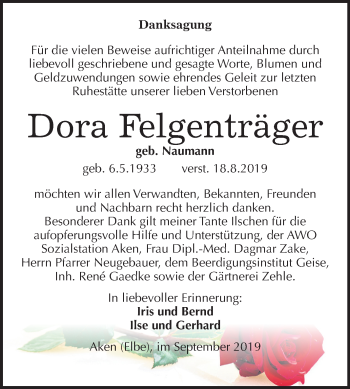 Traueranzeige von Dora Felgenträger von Mitteldeutsche Zeitung Köthen