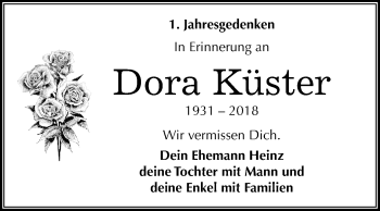 Traueranzeige von Dora Küster von Mitteldeutsche Zeitung Dessau-Roßlau