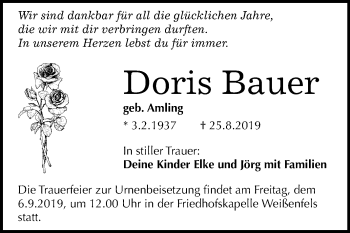 Traueranzeige von Doris Bauer von Wochenspiegel Weißenfels