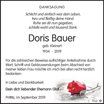 Traueranzeige von Doris Bauer von Wochenspiegel Weißenfels