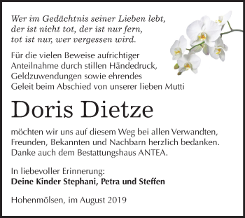 Traueranzeige von Doris Dietze von Wochenspiegel Weißenfels