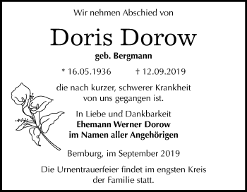 Traueranzeige von Doris Dorow von Mitteldeutsche Zeitung Bernburg