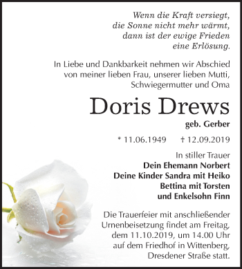Traueranzeige von Doris Drews von Mitteldeutsche Zeitung Wittenberg