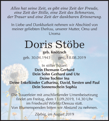 Traueranzeige von Doris Stöbe von Mitteldeutsche Zeitung Bitterfeld