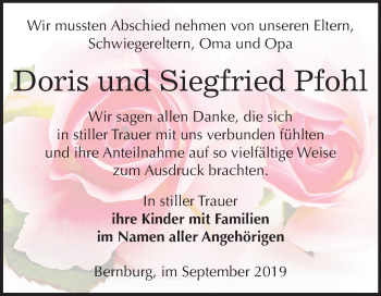 Traueranzeige von Doris und Siegfried Pfohl von Super Sonntag Bernburg