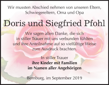 Traueranzeige von Doris und Siegfried Pfohl von Mitteldeutsche Zeitung Bernburg