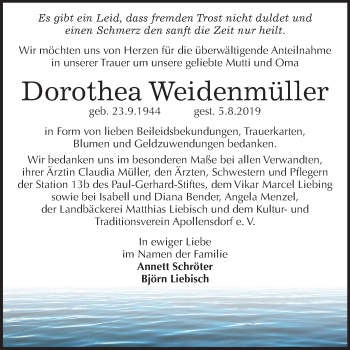 Traueranzeige von Dorothea Weidenmüller von Super Sonntag Wittenberg