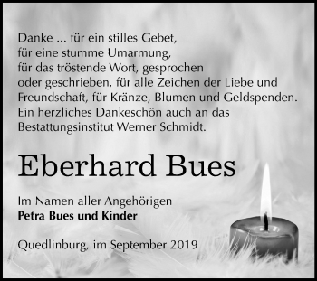 Traueranzeige von Eberhard Bues von Super Sonntag Quedlinburg