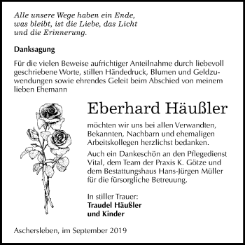 Traueranzeige von Eberhard Häußler von Mitteldeutsche Zeitung Aschersleben