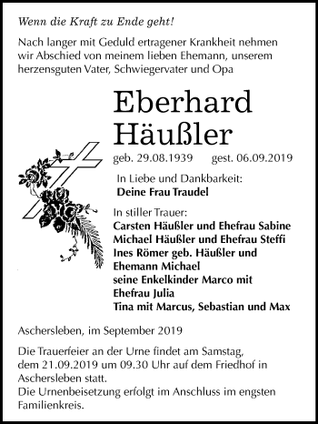 Traueranzeige von Eberhard Häußler von Super Sonntag Aschersleben