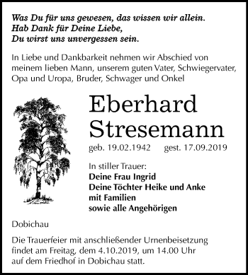 Traueranzeige von Eberhard Stresemann von Mitteldeutsche Zeitung Naumburg/Nebra