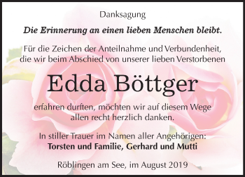 Traueranzeige von Edda Böttger von Wochenspiegel Mansfelder Land