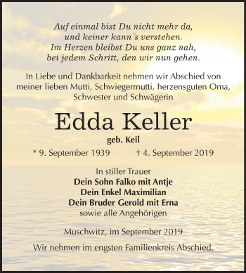 Traueranzeige von Edda Keller von Wochenspiegel Weißenfels