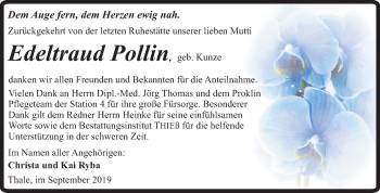 Traueranzeige von Edeltraud Pollin von Super Sonntag Quedlinburg